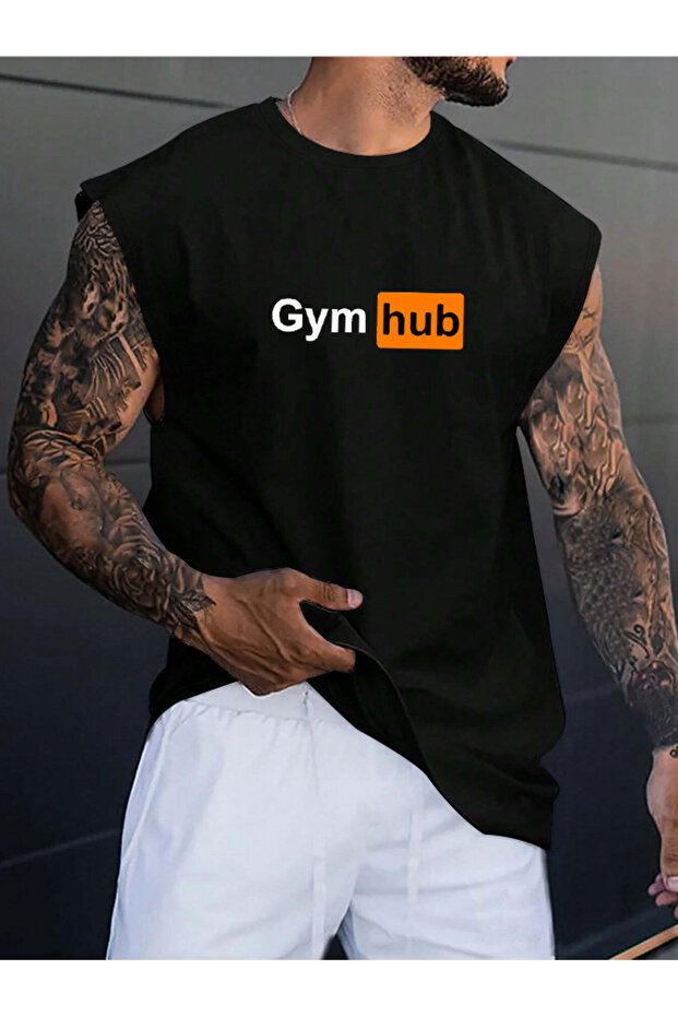 Women'S/Men's Gymhub Custom Printed Oversize Cotton Combed Crew Neck Zero Sleeve T-Shirt