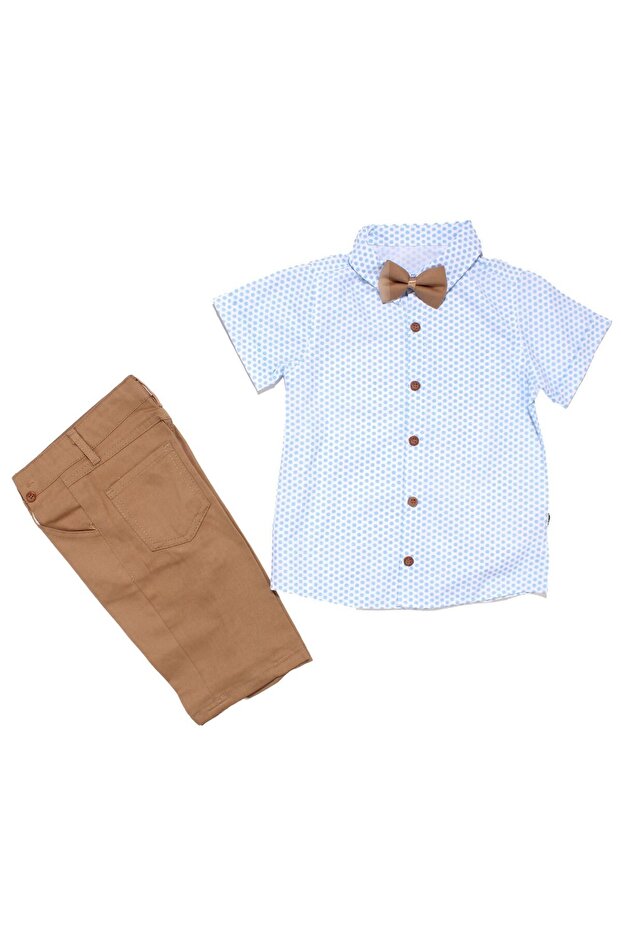 Boy's White Blue Brown Patterned Shirt with Bow Tie Strap Short Sleeve 3-Piece Suit