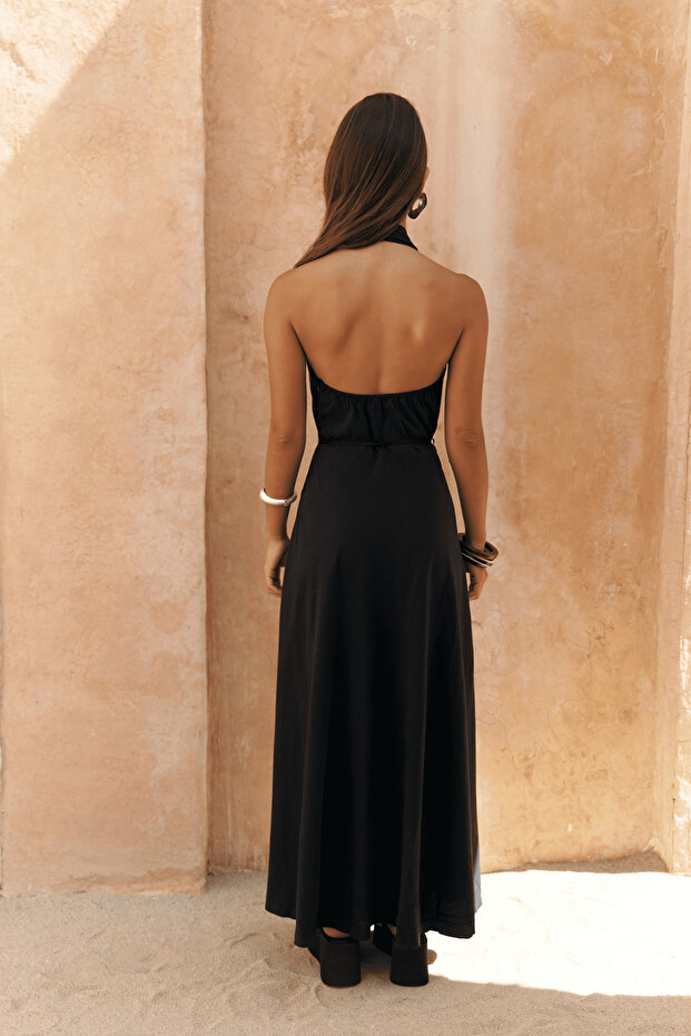 Rhonsa Bağcıklı Siyah Uzun Elbise - 5
