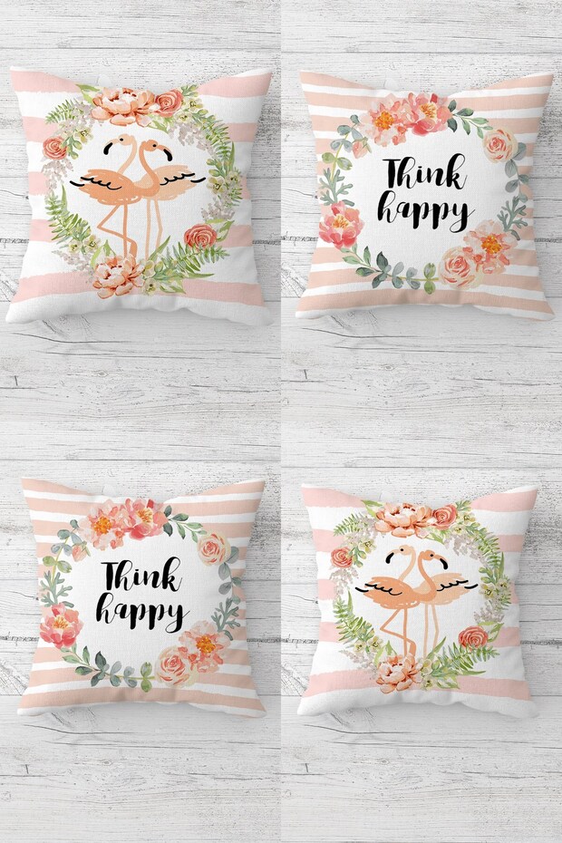 Filamingo and Think Happy Message Hidden Zippered Throw Pillow Cover Sofa Pillow Case Set (4Pcs)