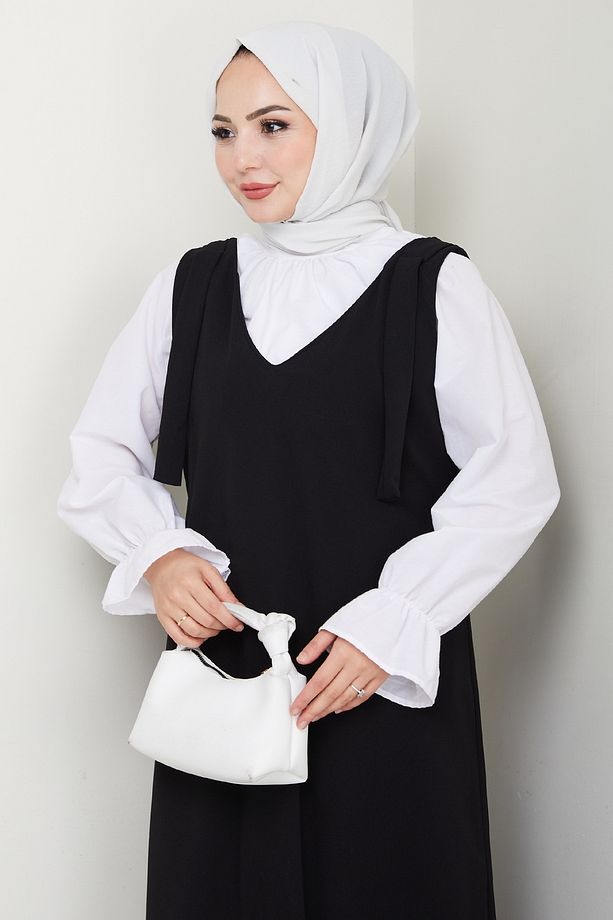 Double Krep Jile Siyah Elbise - 4