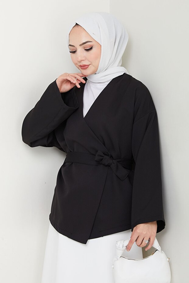 Belted Single Button Double Kimono Black - 1