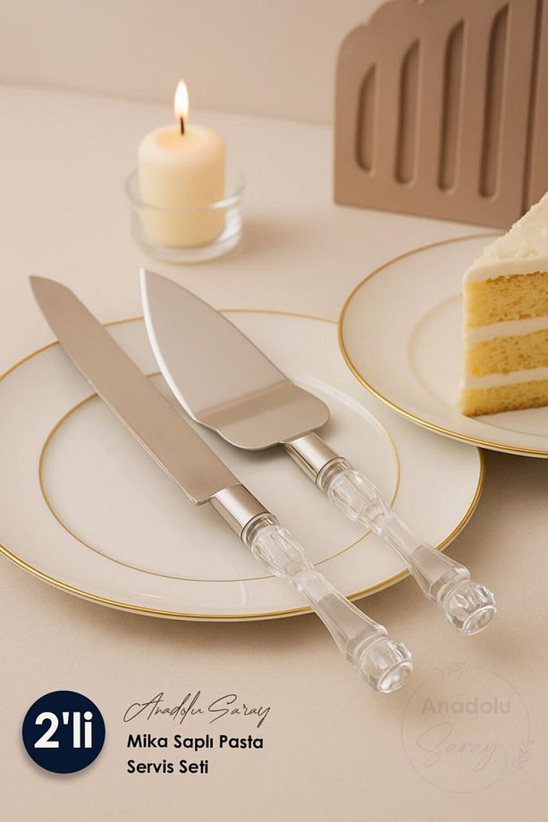 2li Kristal Mika Saplı Pasta Servis Seti Spatula Bıçak Servis Seti - 1