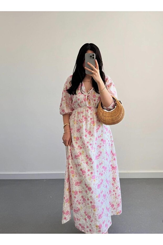 Çiçekli Kabarık Kollu Astarlı Müslin Elbise - 2