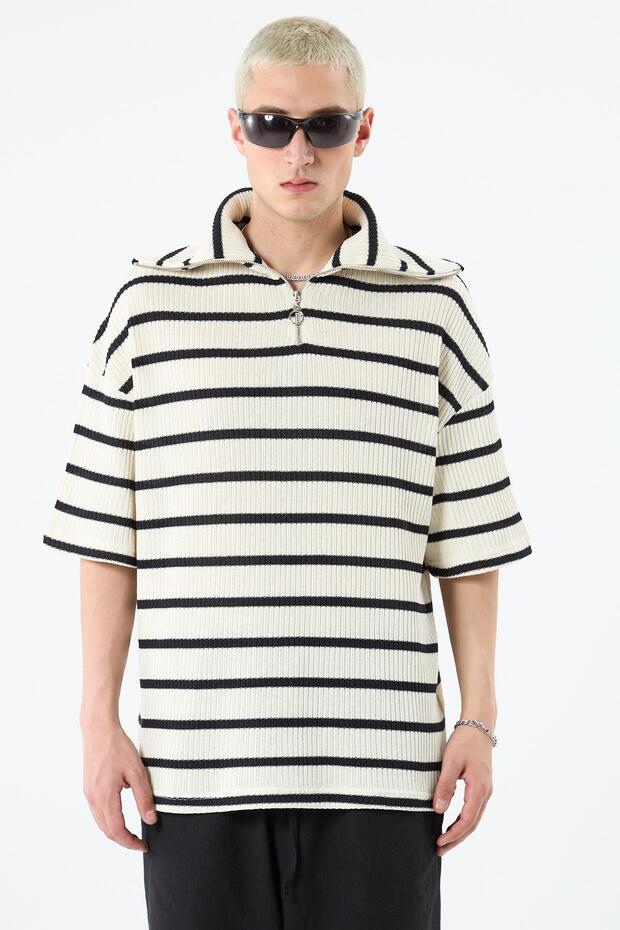 ZIPPER DETAILED STRIPED OVERSIZE KNITWEAR-ECRU
