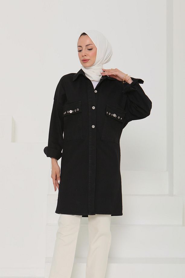 Kadın Oversize Kuş Gözü Cepli Kot Ceket Siyah - 26579 - 5