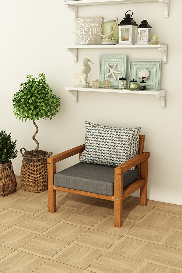 Rustik Tekli Ahşap Kanepe Teak Renk - 2