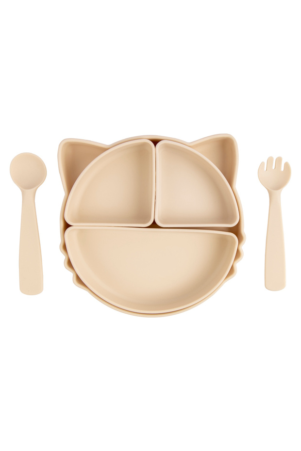 Silicone Feeding Set,with removable section, with Suction Plate, Spoon and Fork- Cream