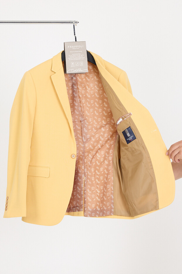 Bortolo Men's Yellow Knitted Stretching Lycra Mono Collar Slim Fit Sports Blazer Jacket