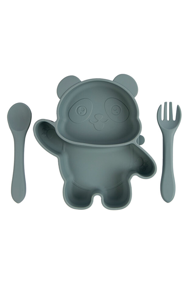 3 Piece Silicone Feeding Set, with Silicone Suction Plate, Spoon and Fork - Indigo