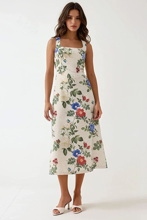 Linen Look Floral Patterned Maxi Dress with Gipsey Back