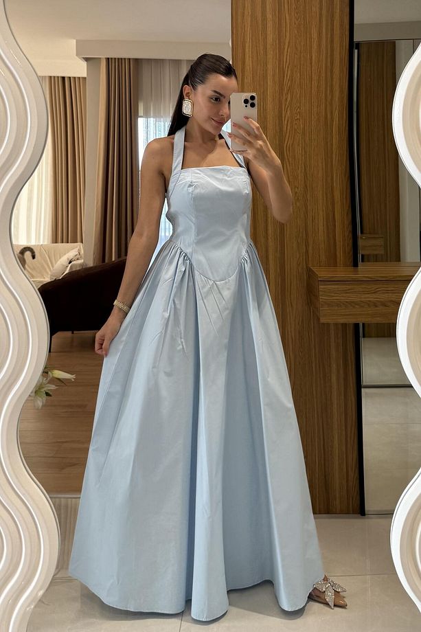 Pretty Mavi Belden Oturtmalı Maxi Elbise - 1