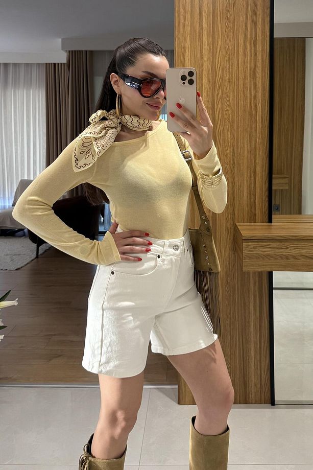 Amelia Sarı Düşük Omuz Transparan Body - 2