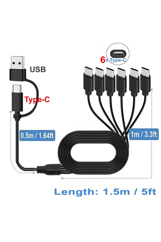AC to 6xType-C 150cm 6 in 1 USB C PD Splitter Cable Multi USB C to Type C Male Charger Cord for iPho