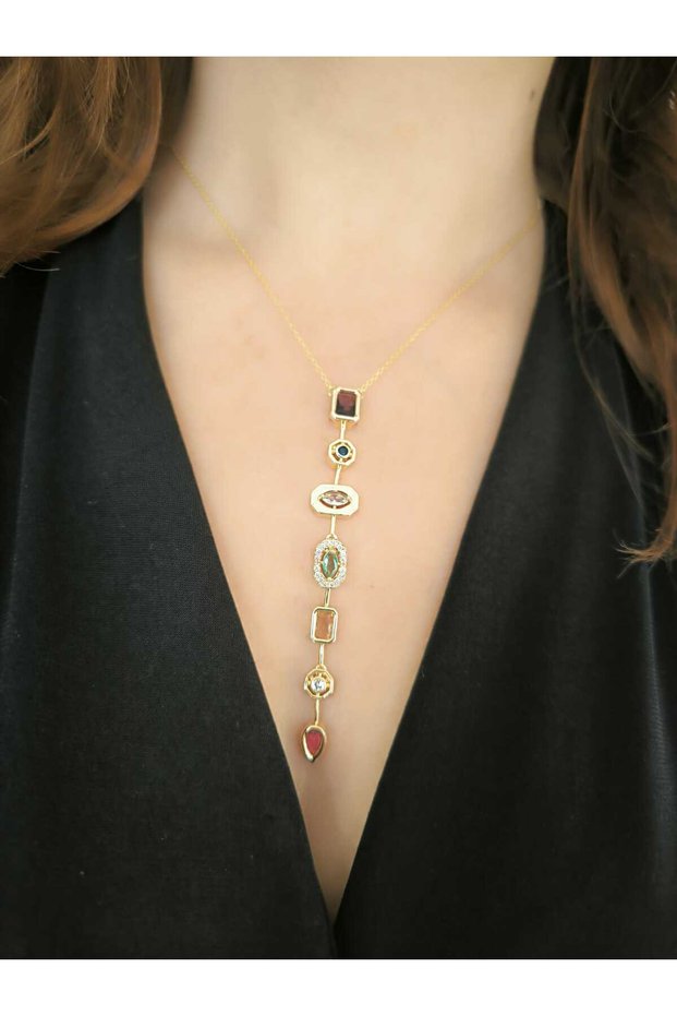 Stoned Brass Plated Y Necklace