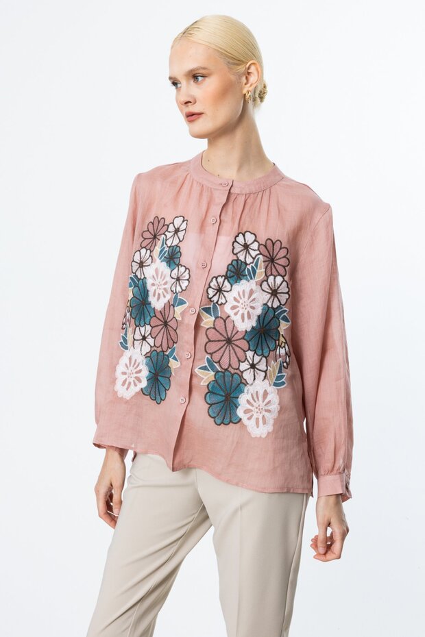 Çiçek İşlemeli Keten Bluz - 2
