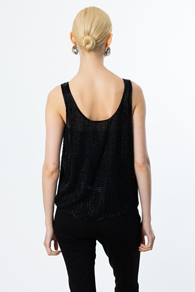 Boncuk İşlemeli Kalın Askılı Bluz - 5