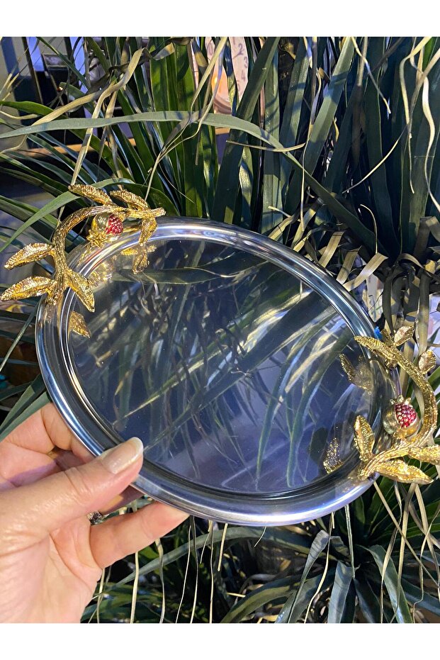 Metal Round Presentation Tray with Pomegranate