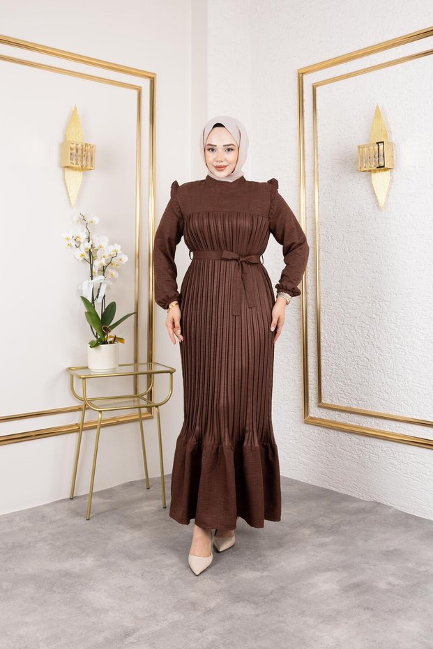 Women's Ruffle Detailed Belted Brown Linen Dress