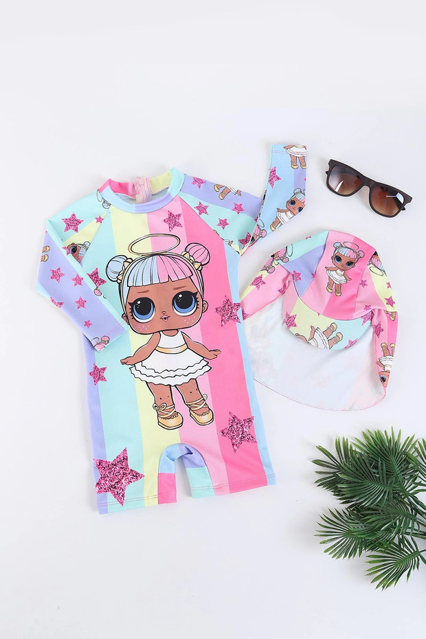 Girl's Patterned Jumpsuit Swimsuit with Hidden Zipper and Trench Hat