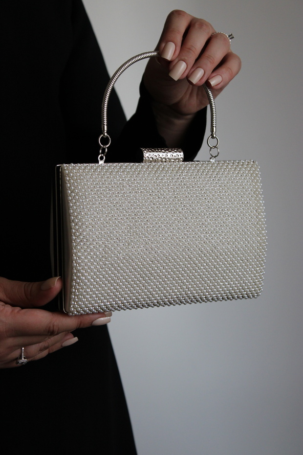 Women's Pearl and Stone Detailed Metal Handle Evening Dress Clutch Bag