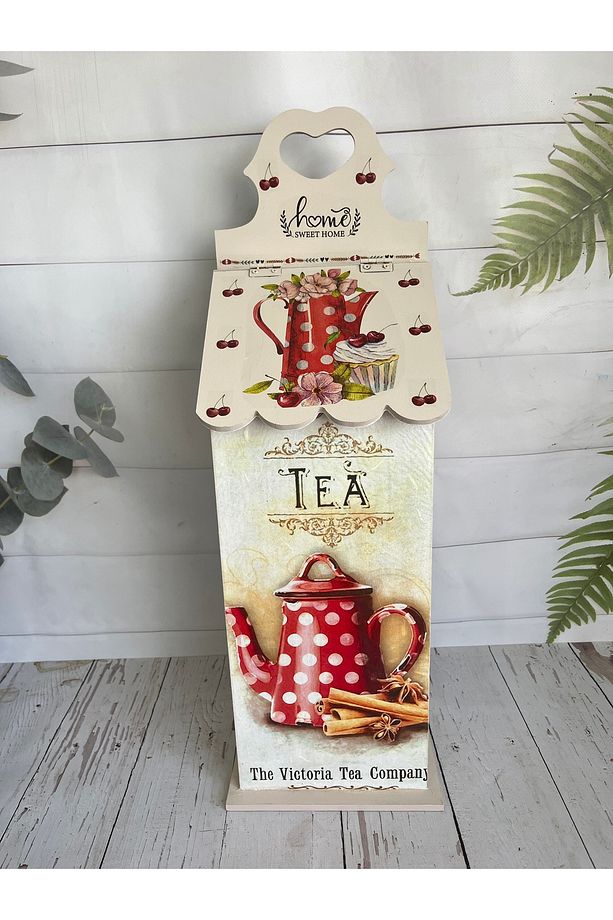 Çay Temalı,Kapaklı Asılabilir Ahşap Poşetlik - 1