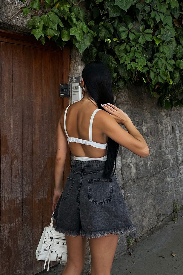 Kadın Yüksek Bel Cepli Paçası Püsküllü Geniş Paça Kot Şort Antrasit - 8