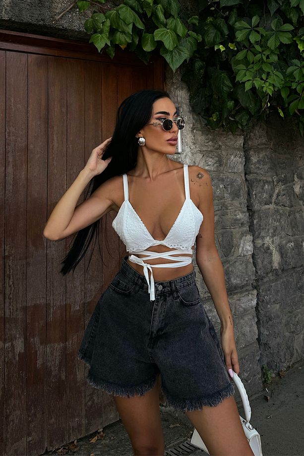 Kadın Yüksek Bel Cepli Paçası Püsküllü Geniş Paça Kot Şort Antrasit - 4