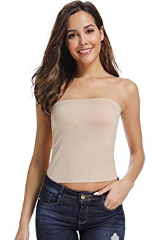 Women's Seamless Strapless Crop Top Tube Top Inner Camisole, Free Size Beige