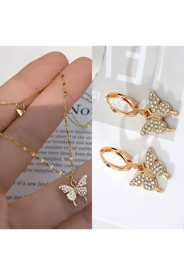 Butterfly Mounted 2-Piece Necklace and Earrings Gold Bujiteri Set