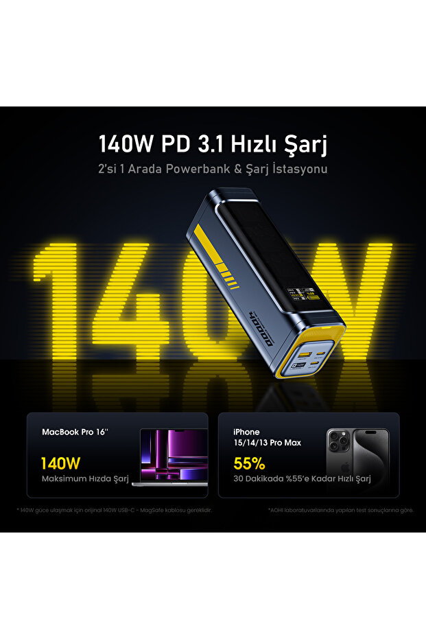 Magcube 67W 2 Portlu Şarj Adaptörü, 40.000 mAh 140W PD3.1 Powerbank, 140W LED Ekranlı Naylon Ör - 6