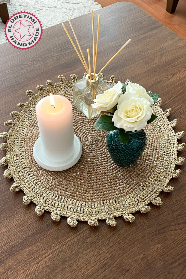 - Hacer 8870 Handmade Sequined Beige Color Cotton Thread Decorative Supla - 39 X 39 cm