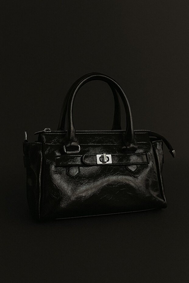 İthal Parlak Deri Siyah El Çantası - 1