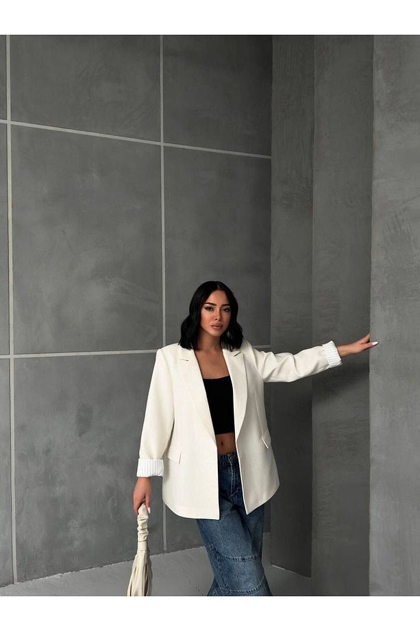 Çizgi Astarlı Ham Keten Blazer Ceket - 2