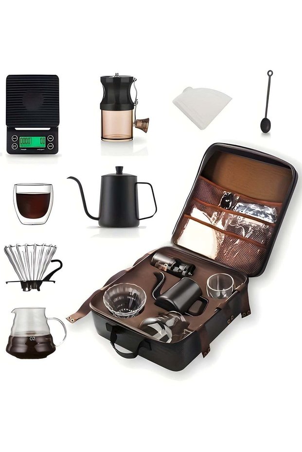 V60 Coffee Travel Set-Include Coffee Scale Glass Dripper, Manual Grinder, Pour Over Kettle,