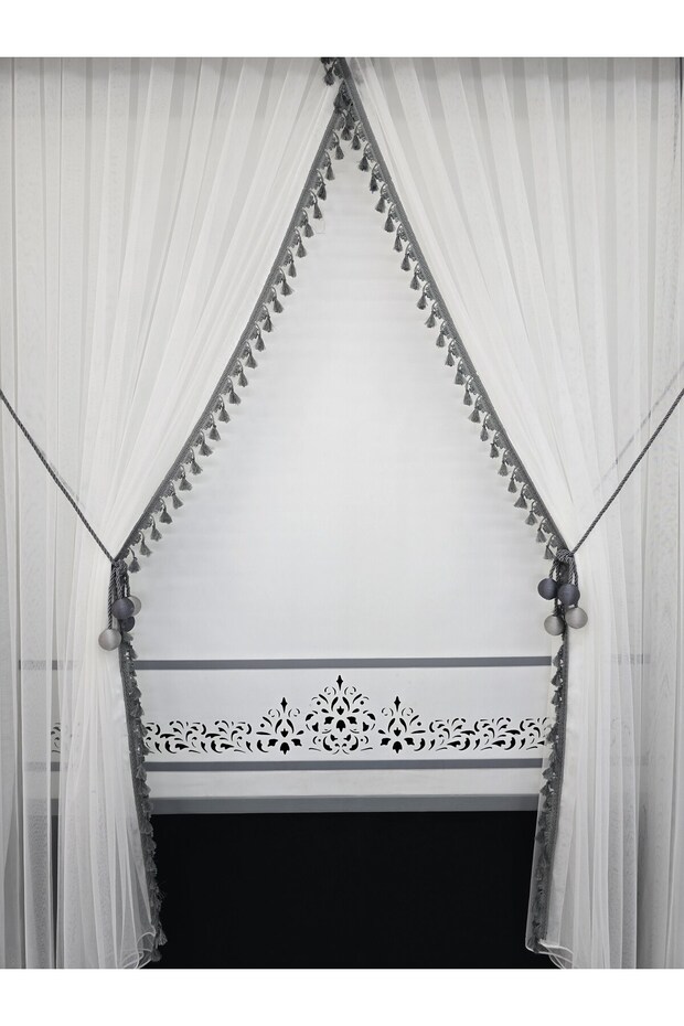 Double-Breasted Tulle Curtain 4 Balls Ornamental Rope Included Gray Tassel Tight Pleat 1/3