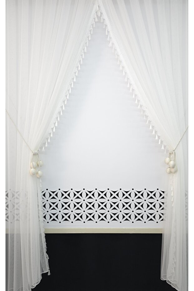 Double-Breasted Tulle Curtain 4 Balls Ornamental Rope Included White Tassel Tight Pleat 1/3