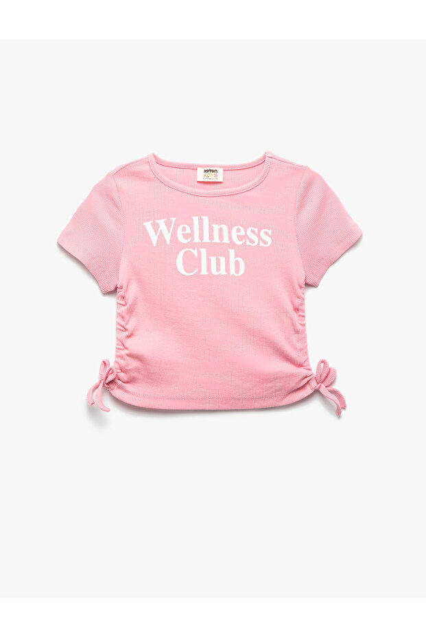 Cotton Slogan Printed Drawstring Detail Short Sleeve Crop T-Shirt