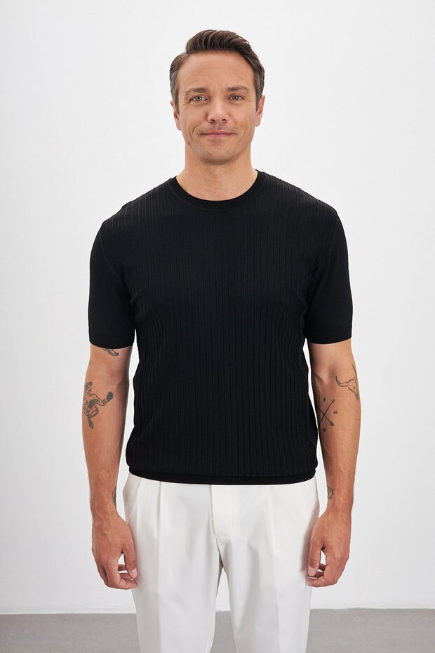 Striped Patterned Crew Neck Knitwear Black Men's T-Shirt