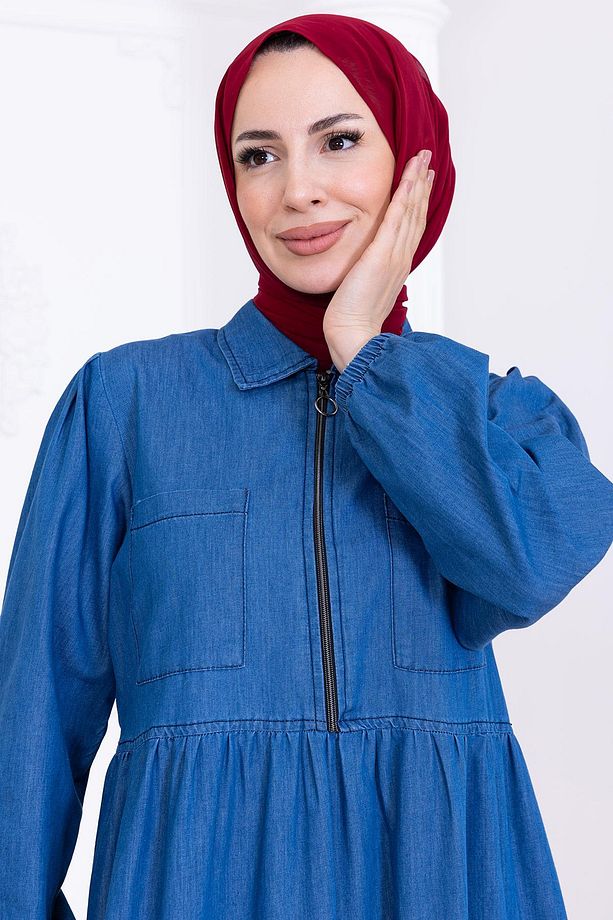 Yarım Fermuarlı Cepli Kot Elbise HM2773 Açık Mavi - 6