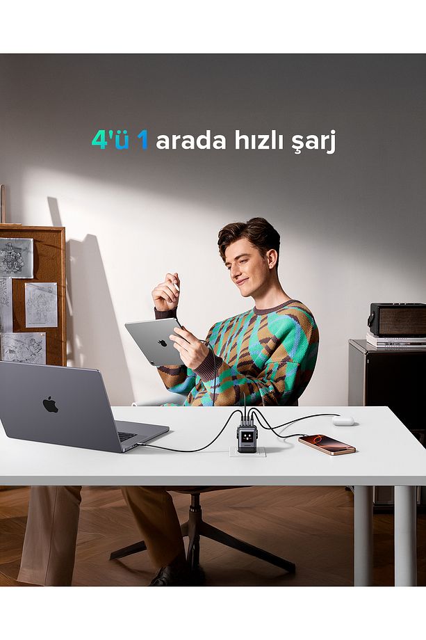 Nexode Uno 100W Robot GaN Hızlı Şarj Cihazı 3xUSB-C, 1xUSB-A, Gri, 45515B - 8