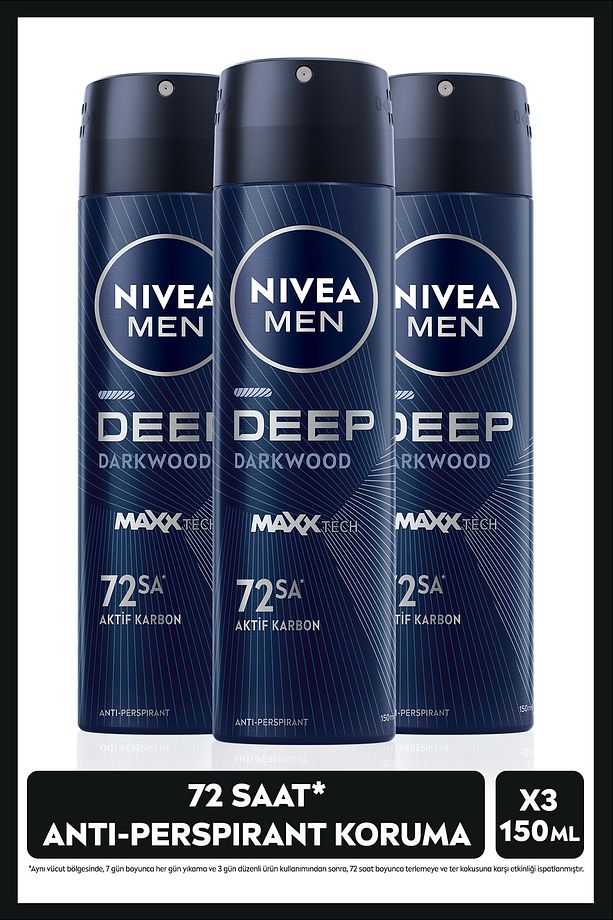 MEN Erkek Sprey Deodorant Deep Dimension Aktif Karbon 150ml, 72 Saat Anti-perspirant Koruma, X3 Adet - 1