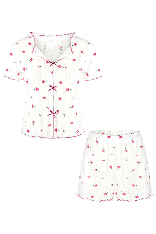 Beyaz-Pembe %100 Pamuklu Çiçekli Kurdele/Fiyonklu Fitilli Şortlu Örme Pijama Takımı THMSS25PT00434 - 5