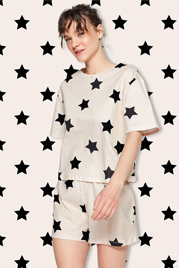 Light Pink 100% Cotton Star Patterned Tshirt-Shorts Knitted Pajamas Set Thmss22Pt0501