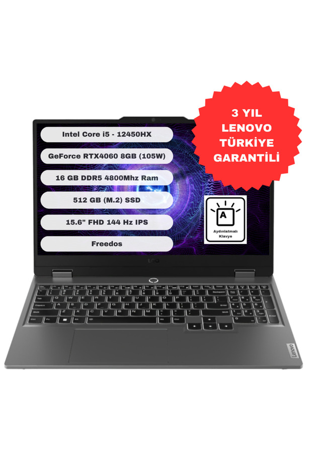 Loq 15IAX9 GTI16 Intel Core i5 12450HX 16GB 512GB SSD RTX4060 Freedos 15.6'' FHD 83GS00PGTR - 1
