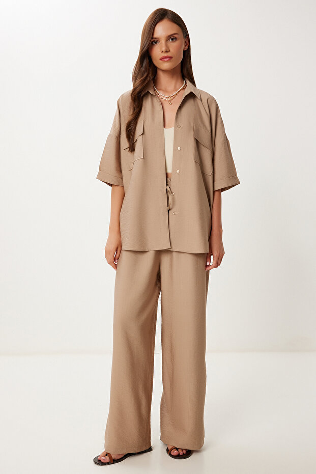 Women's Mink Wrinkle Effect Woven Shirt Pants Suit Mx00207