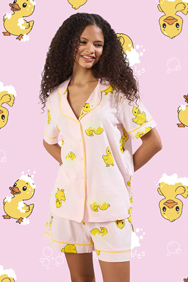 Pembe %100 Pamuklu Ördek Desenli Biyeli Şortlu Örme Pijama Takımı THMSS25PT00300 - 1