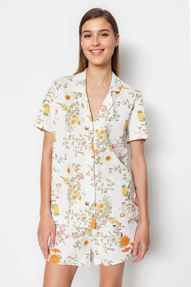 Çok Renkli %100 Pamuklu Çiçek Desenli Şortlu Örme Pijama Takımı THMSS23PT00020 - 1