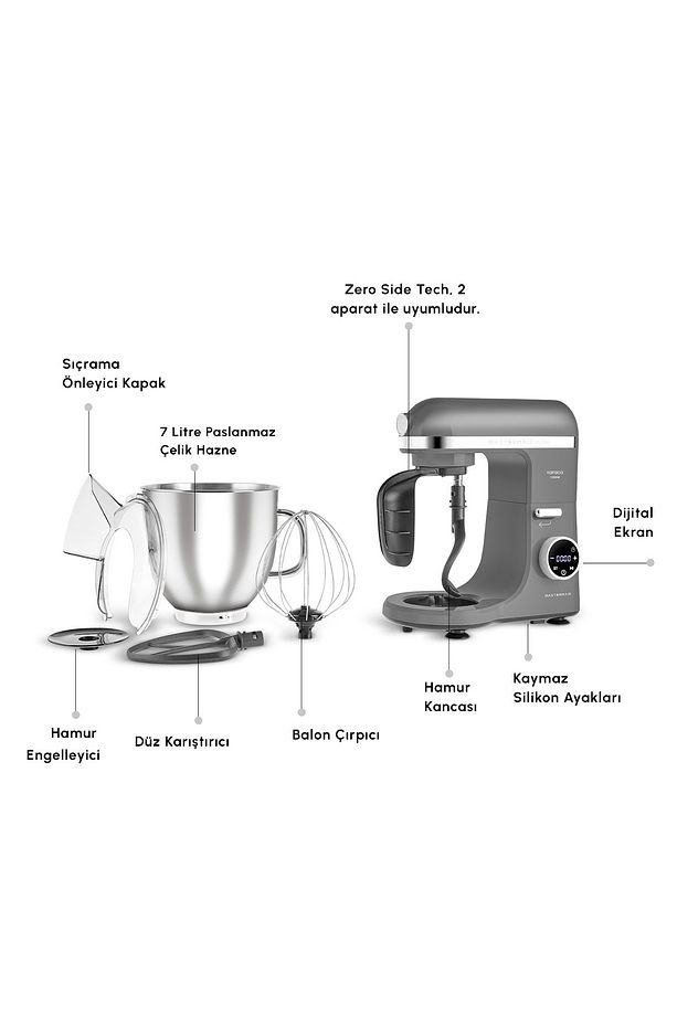 Mastermaid Chef Ultra D2000W Dijital Ekranlı Hamur Yoğurma Makinesi Galaxy Grey 7L - 4
