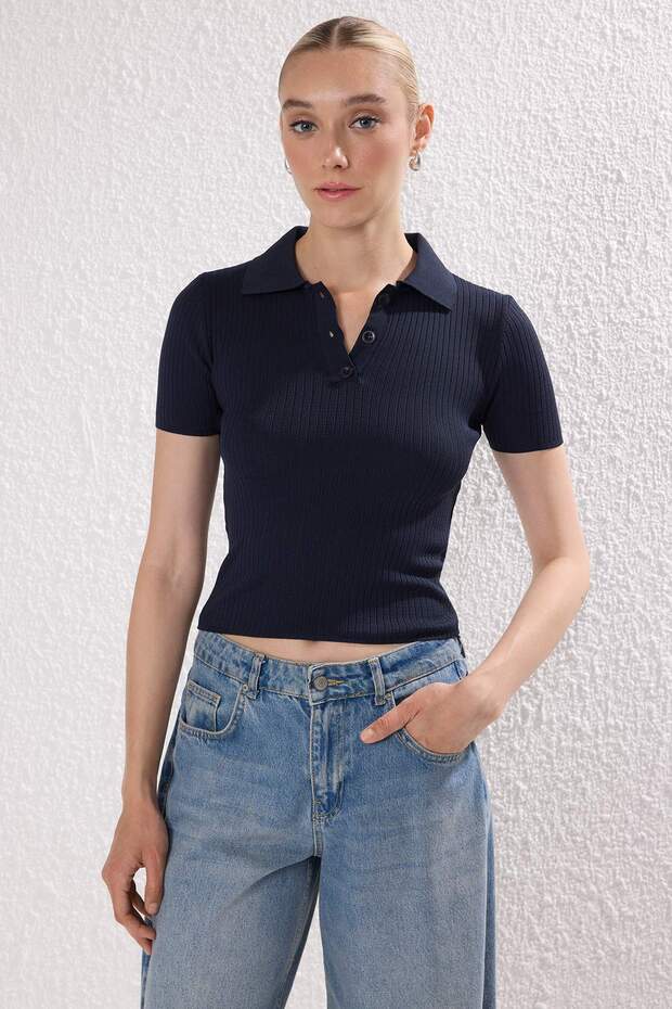 Lacivert-Yeşil Basic Polo Yaka İkili Paket Triko İnce Bluz TWOSS25BZ00503 - 5